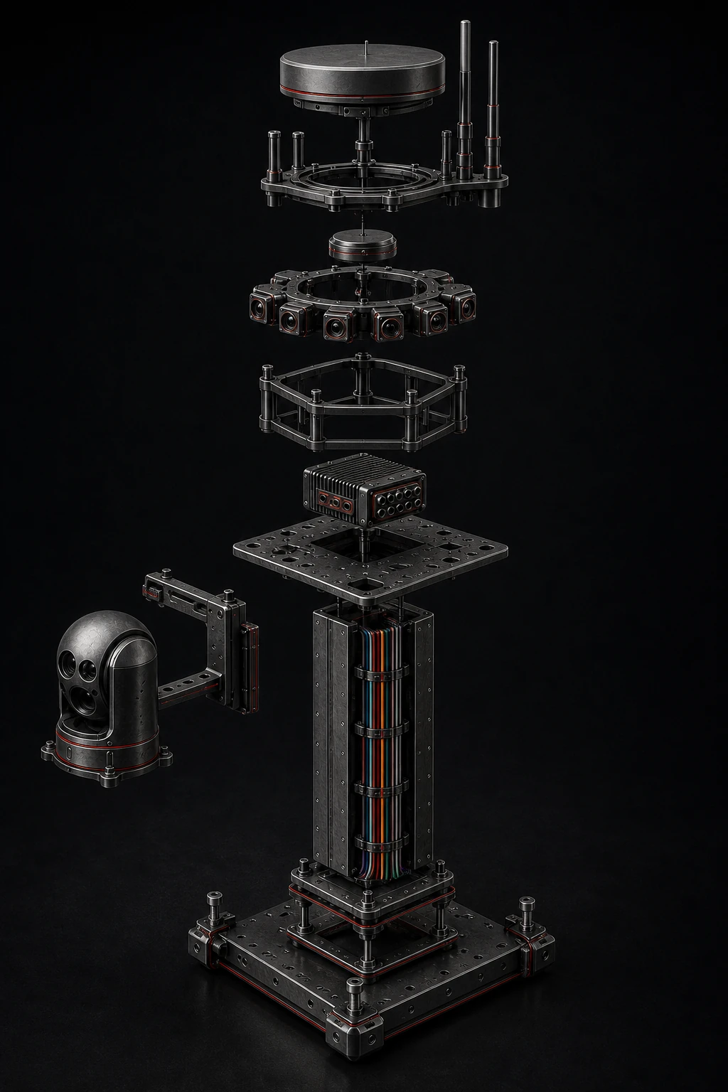 Exploded engineering rendering of an integrated maritime sensor mast